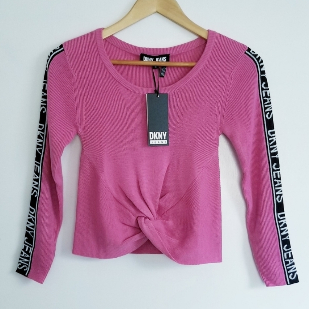 DKNY Jeans Pink Twist Front Crop Knit Long Sleeve Top with Logo Detail NWT